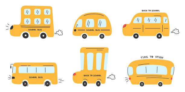 简单的黄色校车矢量集，手绘涂鸦。老师、学生、教室、学习用品、返校概念、海报。孩子们乘坐黄色校车接送教育。图片下载