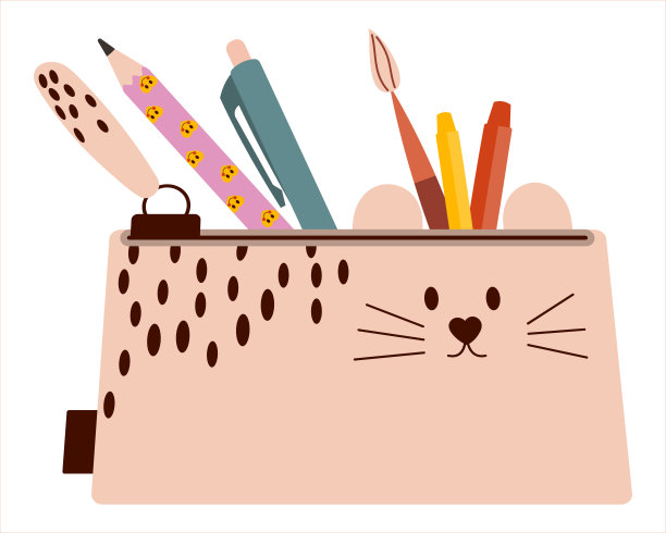 可爱的学校铅笔盒，里面装满了文具、铅笔、刷子。学校用品说明。适用于贴纸和海报设计，横幅。图片下载