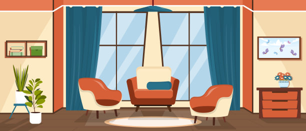 一个舒适的客厅内部矢量插图。卡通场景的宽敞时尚的房间有大窗户，窗帘，柔软的椅子，地板上的地毯，餐具柜，花瓶，一幅画，一个书架。图片下载