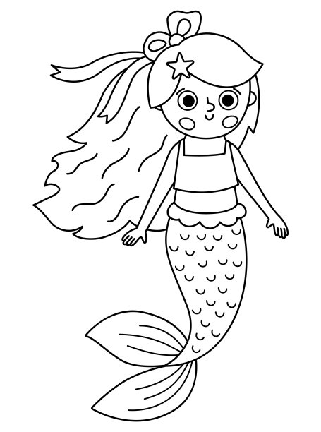 童话黑白矢量美人鱼。幻想鱼女孩孤立在白色背景。童话般的海公主。金银岛，海盗，水下探险线图标。可爱的少女海妖涂色页图片下载