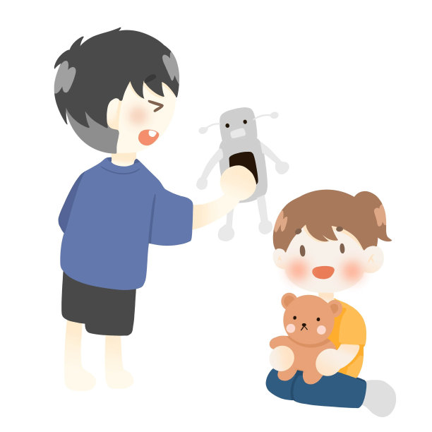 一个男孩和一个女孩在玩玩具熊和机器人图片下载