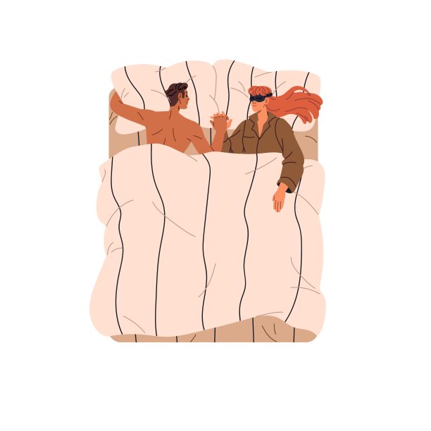 人们一起在床上休息。夫妇在午睡时手牵着手。女孩戴着夜面罩，睡在枕头上。毯子下睡着的女人和男人。平面隔离矢量插图上的白色图片下载