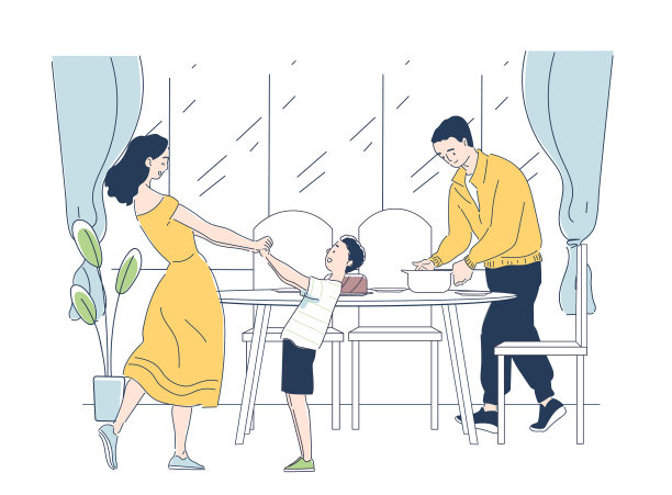 国际家庭日。男人摆桌子，女人陪男孩跳舞。母亲，父亲和儿子正在准备晚餐。传统节日和节日。感恩节。线性向量图解图片下载