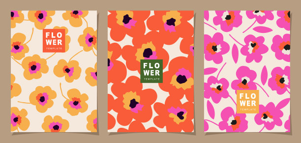 花卉模板集海报，卡片，封面，标签，横幅在现代极简主义风格和简单的夏季设计背景与花卉和植物。图片下载