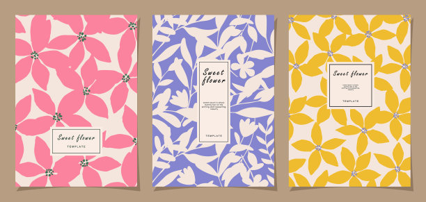 花卉模板集海报，卡片，封面，标签，横幅在现代极简主义风格和简单的夏季设计背景与花卉和植物。图片下载