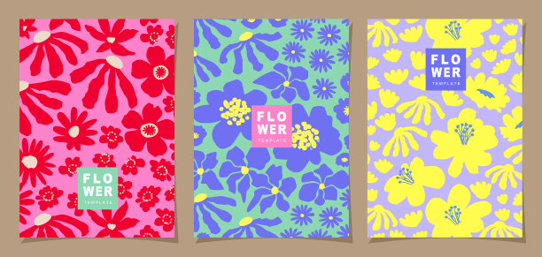 花卉模板集海报，卡片，封面，标签，横幅在现代极简主义风格和简单的夏季设计背景与花卉和植物。图片下载