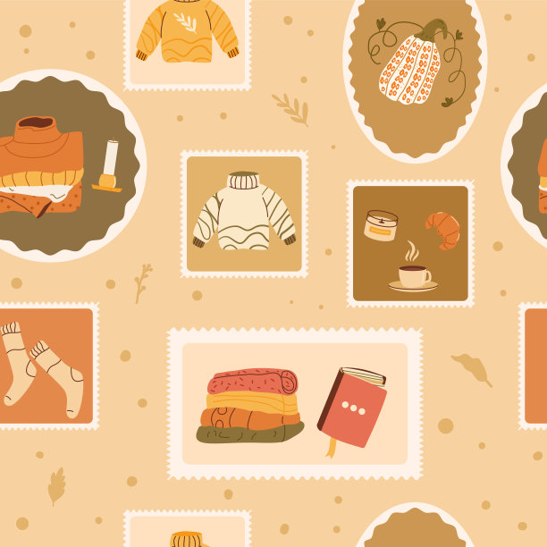 高架舒适休息检查无缝图案。秋冬活动背景重复。阅读和毛衣天气概念复古邮票无穷无尽的设计。矢量手绘平面插图。图片下载