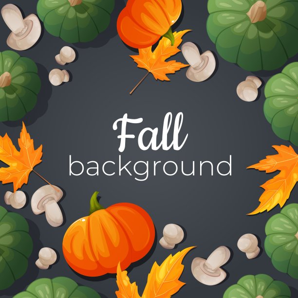 深秋的背景设计与南瓜，树叶，蘑菇。秋天构图的矢量插图。后台设计图片下载