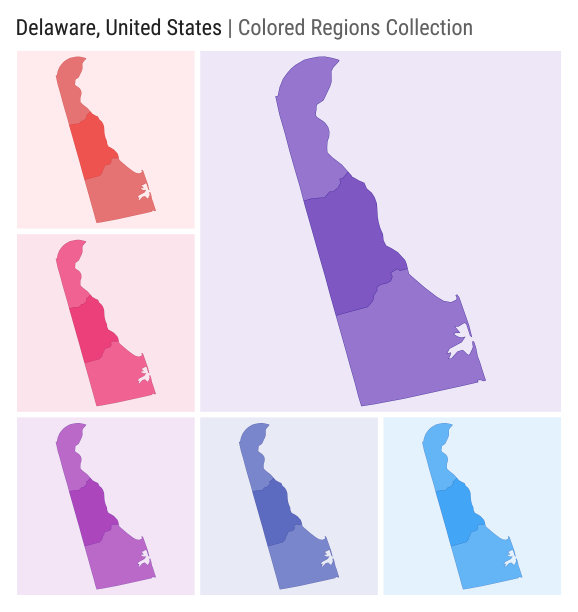 特拉华州，美国。地图收藏。州的形状。彩色的县。深紫色，红色，粉色，紫色，靛蓝，蓝色调色板。特拉华州与县的边界。矢量插图。图片下载