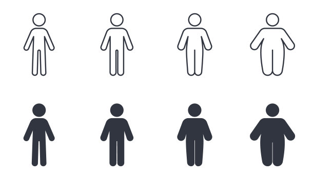 矢量图标人体。不同类型的身材从瘦到胖的男人。饮食，健康的生活方式和暴饮暴食，肥胖。可编辑的笔触细线和黑色实心集图片下载