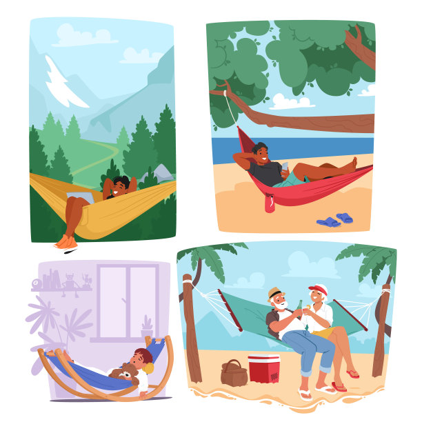 人们享受他们的时间在吊床在不同的环境，如山，海滩和家，矢量图像图片下载