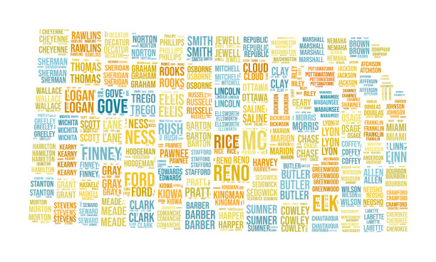 堪萨斯字云。以县划分的州形。堪萨斯州排版风格的图像。县名标记云。矢量插图。图片下载