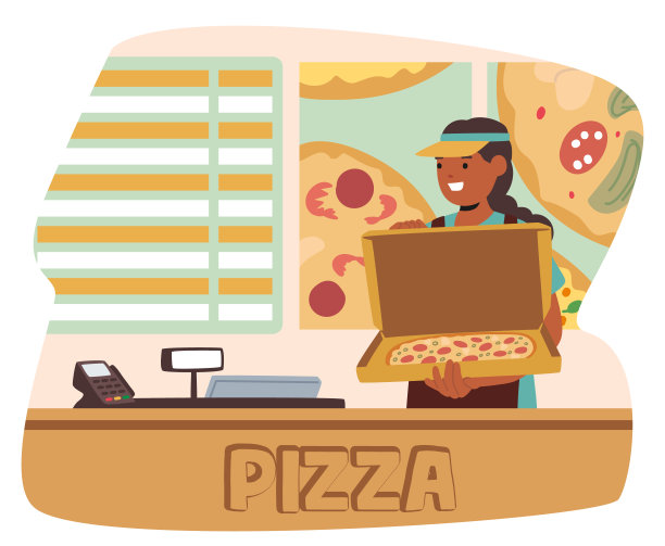 兴高采烈的快餐店工作人员在柜台前拿着打开的披萨盒。场景中，收银员面带微笑图片下载