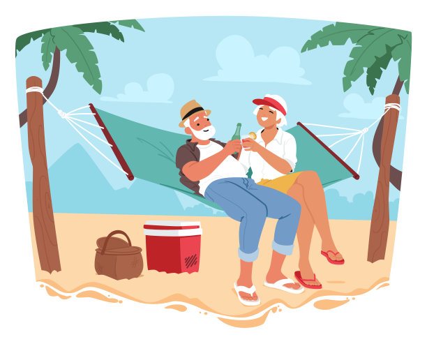 高级夫妇在热带海滩上的吊床上享受放松的时刻，棕榈树，一个冷却器图片下载