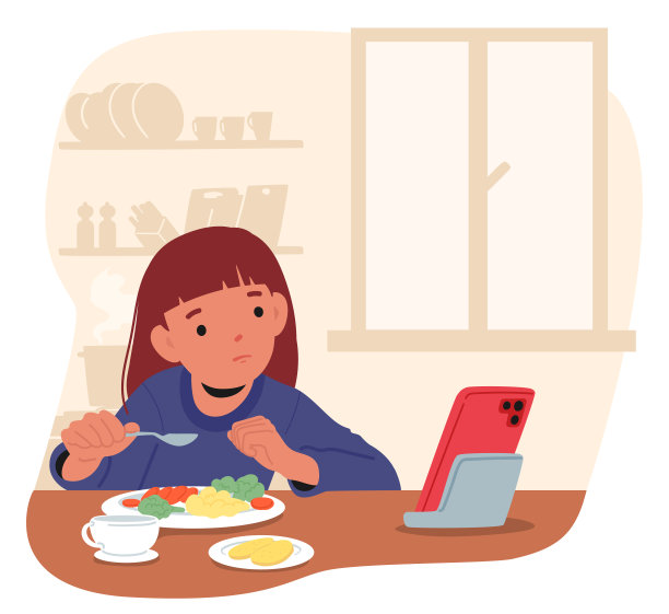 孩子坐在餐桌边吃午饭边玩平板电脑。图像捕捉技术和日常生活的交集图片下载