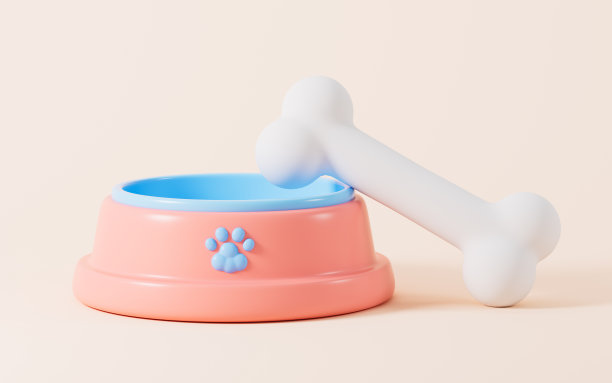卡通宠物骨头和宠物碗在粉红色的背景，3d渲染。图片下载