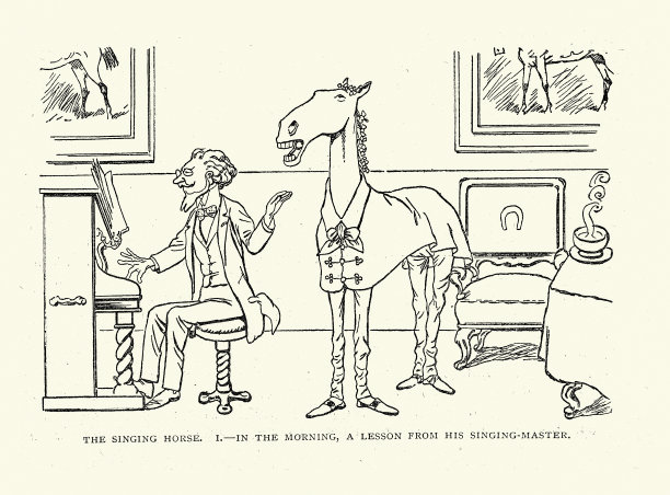漫画，漫画，唱歌的马，从他的歌唱大师的教训，维多利亚19世纪的风格，Caran and 'Ache图片下载