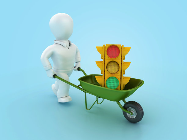 3D交通灯与手推车和卡通人物图片下载