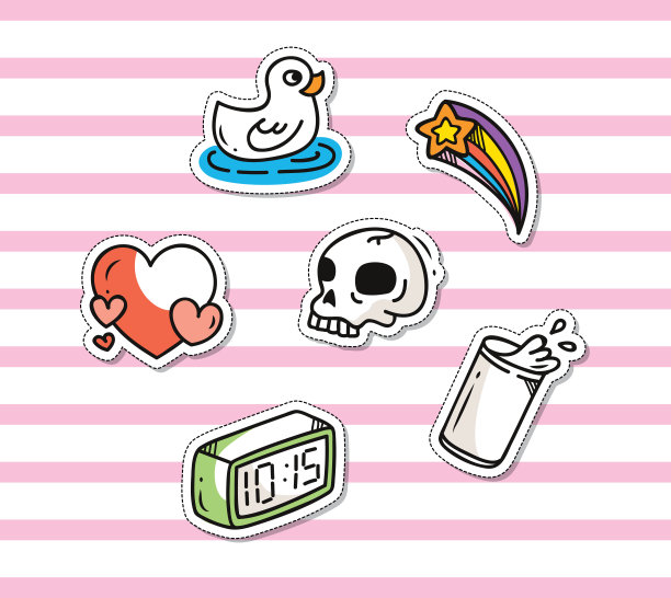 粉红色条纹背景上的可爱时尚补丁集图片下载