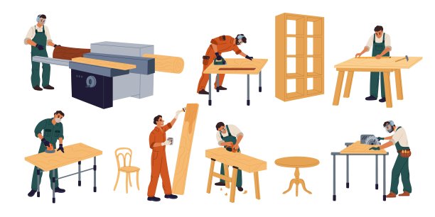 卡通木匠用木材。专业木工刨原木。锯木板和测量木板的人。家具制造加工。桌子或橱柜组件格里什向量集图片下载