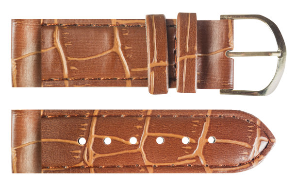 孤立的照片皮革棕色带子与黄铜按钮在白色背景。图片下载