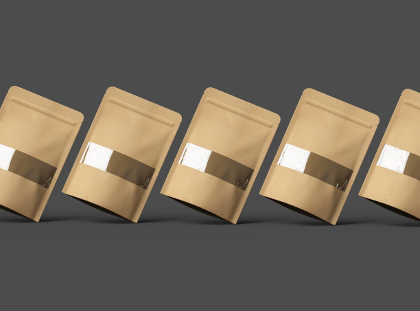 3D渲染的一个普通纸袋与窗口孔在一个黑暗的背景图片下载
