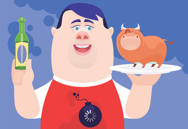 胖子拿着牛盘和一瓶啤酒图片下载