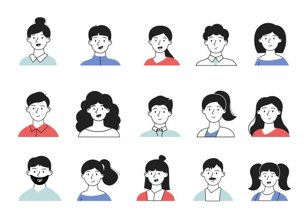 社交媒体头像设置。时尚用户的照片为信使和社交网络。不同性别和年龄的人的肖像。线性向量集合图片下载