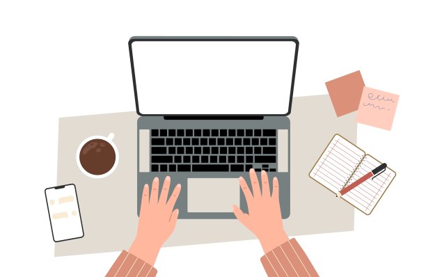 在家用笔记本电脑工作。穿着睡衣衬衫的手在电脑前工作。自由职业者的工作，学生学习或用户上网冲浪，矢量概念图片下载