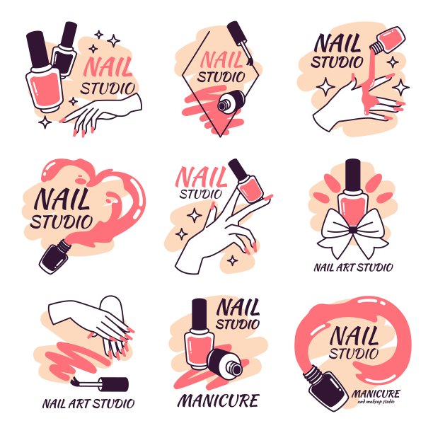 美甲标志。指甲护理工作室或美容沙龙的时尚标签标识艺术，美甲女手指甲大师的魅力徽章，设置时髦的插图作者图形图片下载