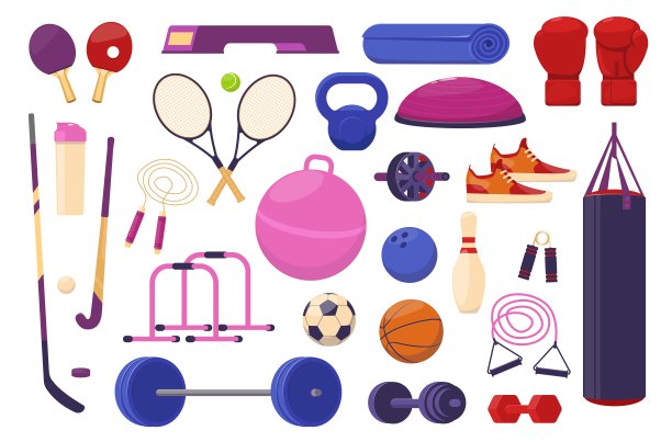 运动元素。健身器材。足球。网球拍。高尔夫或曲棍球俱乐部。举重哑铃。健康的生活方式。运动员健身训练配件矢量集图片下载