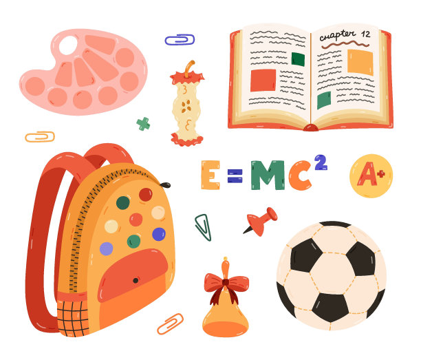 可爱的卡通套装与孩子们的学习用品。手绘书包，打开的课本，地球仪，调色板，苹果核，足球。回到学校的剪贴画学习，绘画和工作。图片下载
