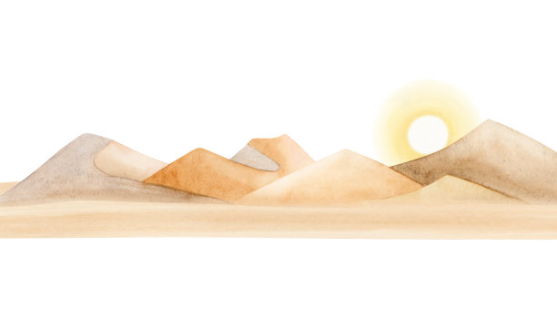 黎明在沙漠景观与沙丘水彩插图孤立的白色背景。单色日出素描在米色和黄色的颜色。全景水平剪贴画图片下载