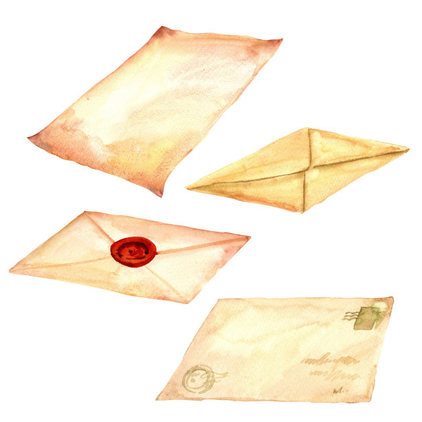 旧信封，羊皮纸，纸张，古董信件，邮资集手绘复古风格水彩对象孤立在一个白色的背景。复古主题的室内装饰和墙壁艺术图片下载