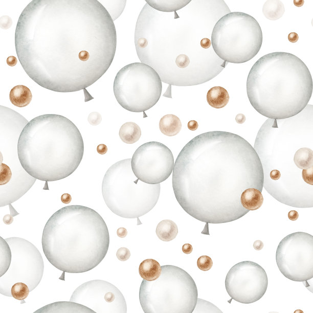 无缝图案与银和铝箔气球。手绘水彩生日和聚会装饰孤立的背景。闪亮元素的设计师，印刷品，婴儿沐浴，明信片，包装纸，假期，儿童，封面。用于海报和文本图片下载