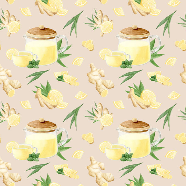 姜柠檬茶酿造在玻璃茶壶水彩无缝图案粉彩米色或桃色背景。手绘有机抗氧化热饮在优雅的杯子图片下载