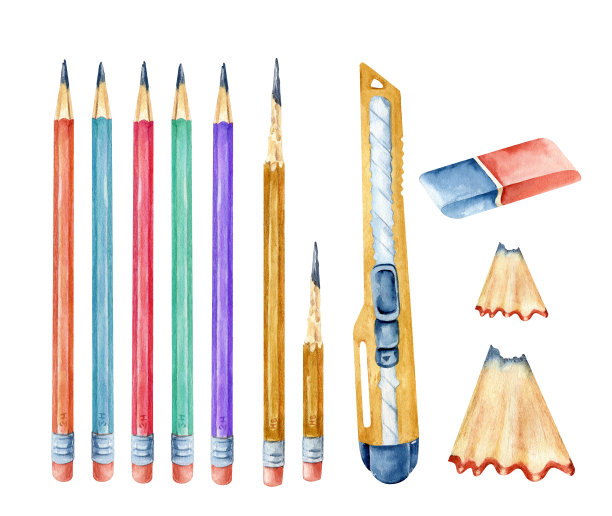 一套简单的铅笔，还有橡皮擦和卷笔刀。彩色铅笔的水彩孤立插图。回到学校。图纸集。图片下载