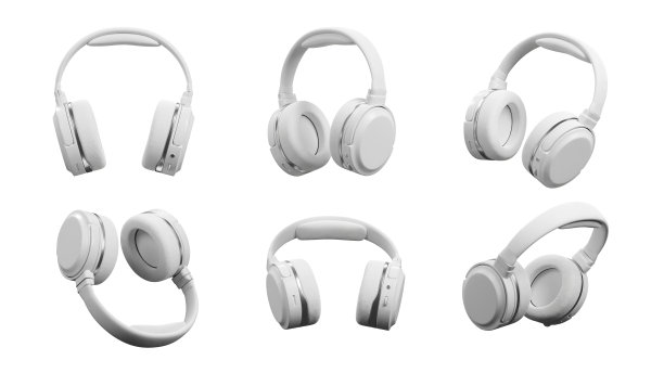 集无线耳机从不同角度，剪辑路径，3d渲染图片下载