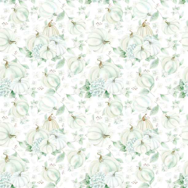 白色的南瓜，绣球花和雪莓，在白色的背景上。无缝图案在柔和的颜色。图案是手绘的。适合制作卡片、请柬和纺织品。图片下载