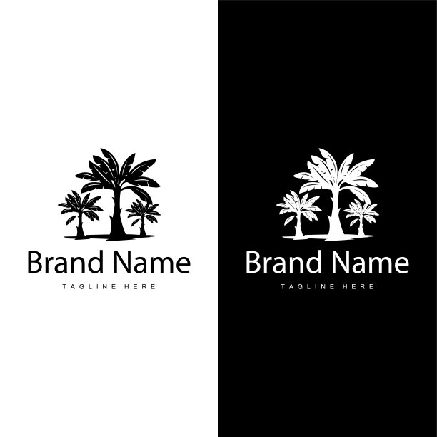 香蕉树标志，热带水果植物平面剪影模板说明设计图片下载