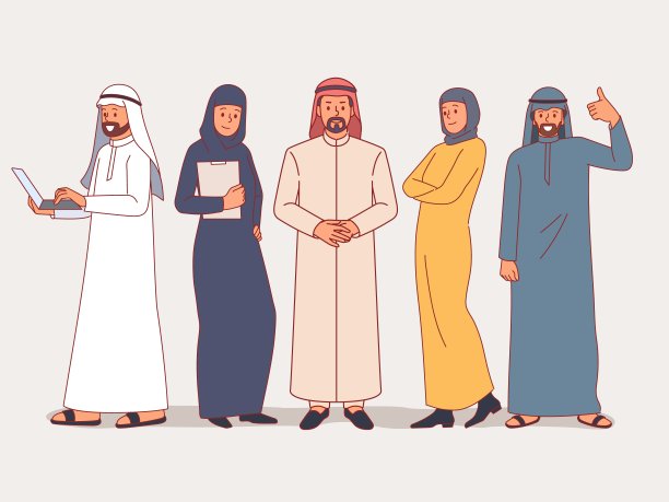 沙特商务团队。穆斯林办公室群人身着民族服装，员工混合，成功的工作，项目，阿拉伯男女站立，卡通平面孤立插图矢量概念图片下载