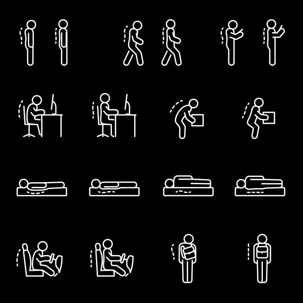 姿势好，白线图标。正确的人体工学姿势。对健康和保健主题至关重要。黑色背景上的符号。可编辑的中风。图片下载