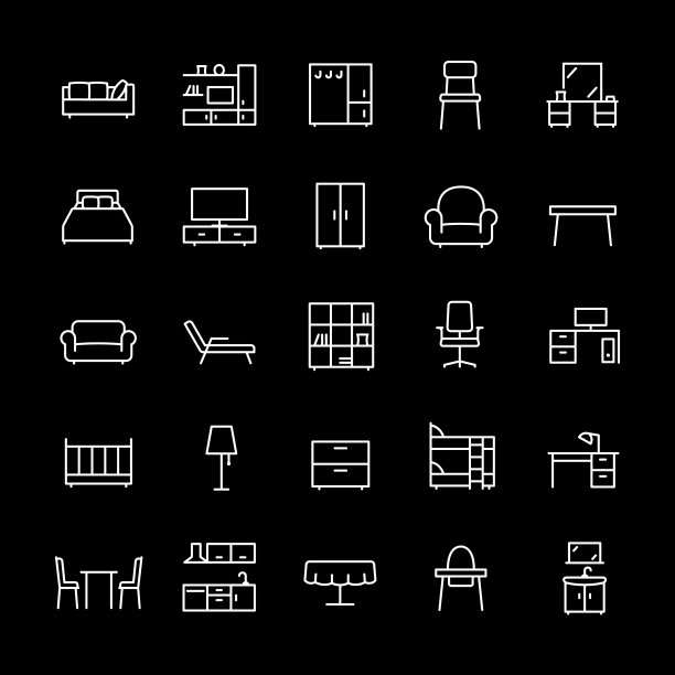 家具，白线图标。客厅、卧室、办公室和厨房的室内装饰。室内设计和家居装饰主题。黑色背景上的符号。可编辑的中风。图片下载