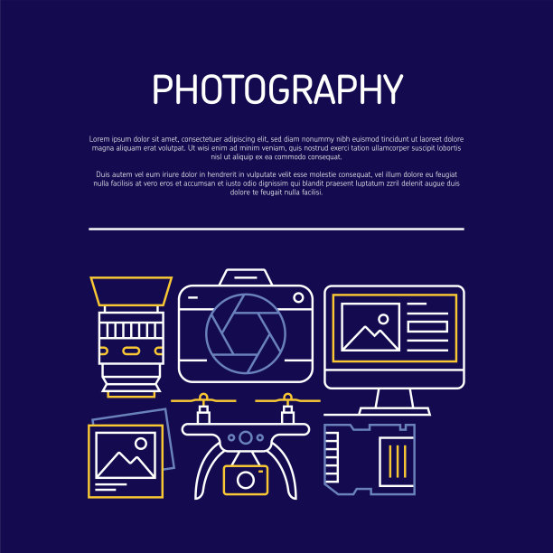 摄影相关线横幅设计。相机，工作室，镜头，背景，修饰。图片下载