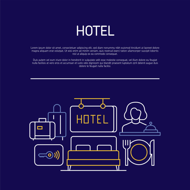 酒店服务和设施相关的横幅设计。接待，在线预订，赌场，国王服，免费Wifi，客房服务，早餐。图片下载