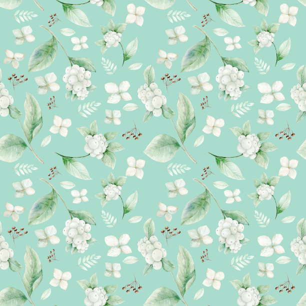 绿色背景上的雪莓和绣球花。无缝图案在柔和的颜色。图案是手绘的。适合制作卡片、请柬和纺织品图片下载