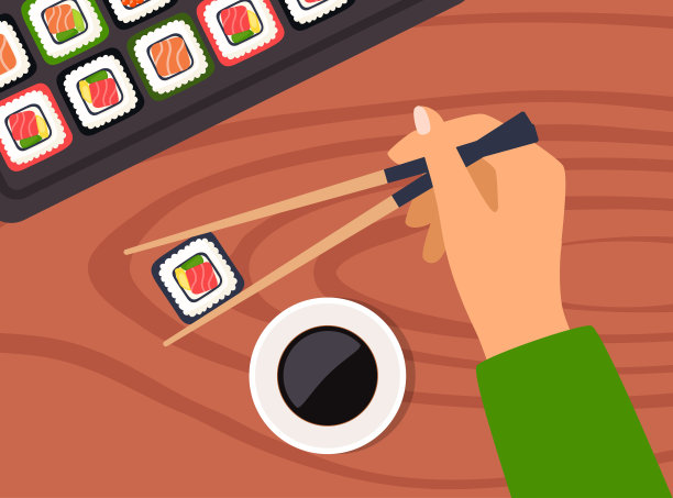 用筷子和酱油在木板上做寿司。手拿筷子吃寿司。手握竹竿。寿司插图与鳟鱼，鲑鱼和鱼子酱。矢量插图。图片下载