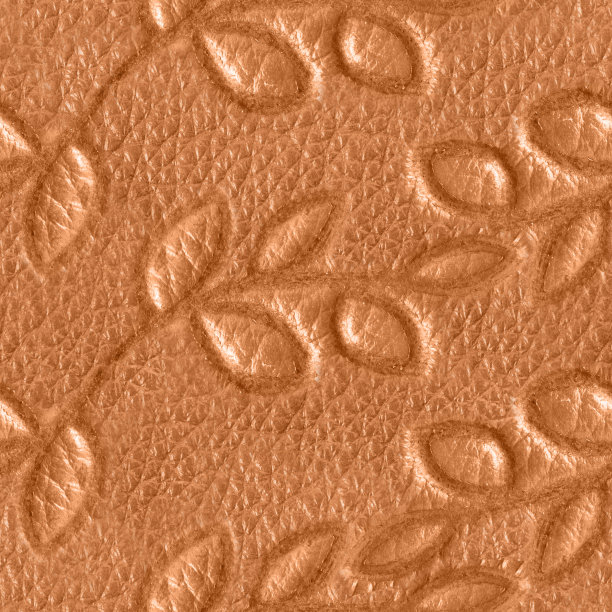 无缝4k照片纹理浅棕色皮革浮雕与树枝和树叶。图片下载