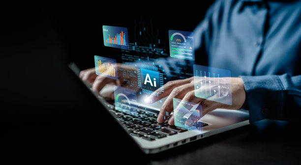 人工智能手商务人员触摸人工智能电路板，分析数据自动绘制图表。创新技术未来的虚拟屏幕机器学习。图片下载
