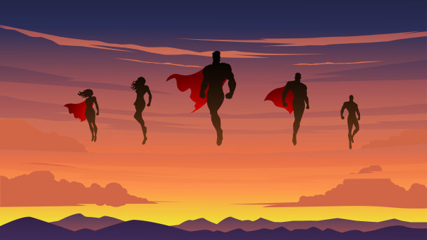 矢量超级英雄团队剪影飞行股票插图图片下载